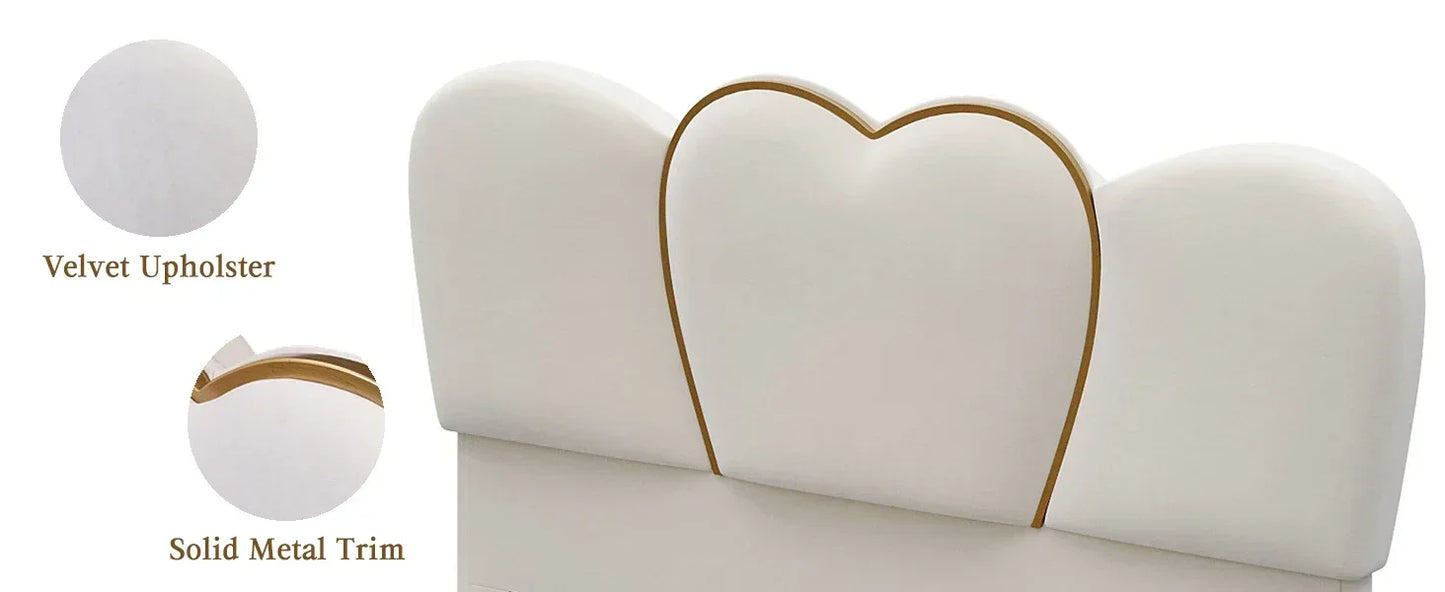 Modern LED Heart Shaped Velvet Upholstered Platform Bed with Drawers