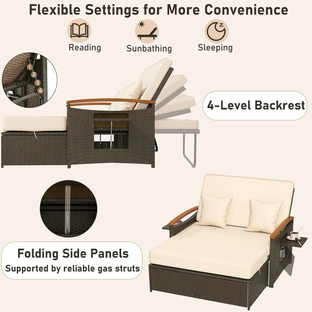Daybed Chaise Lounger w/4-Level Adjustable Backrest & Retractable Trays