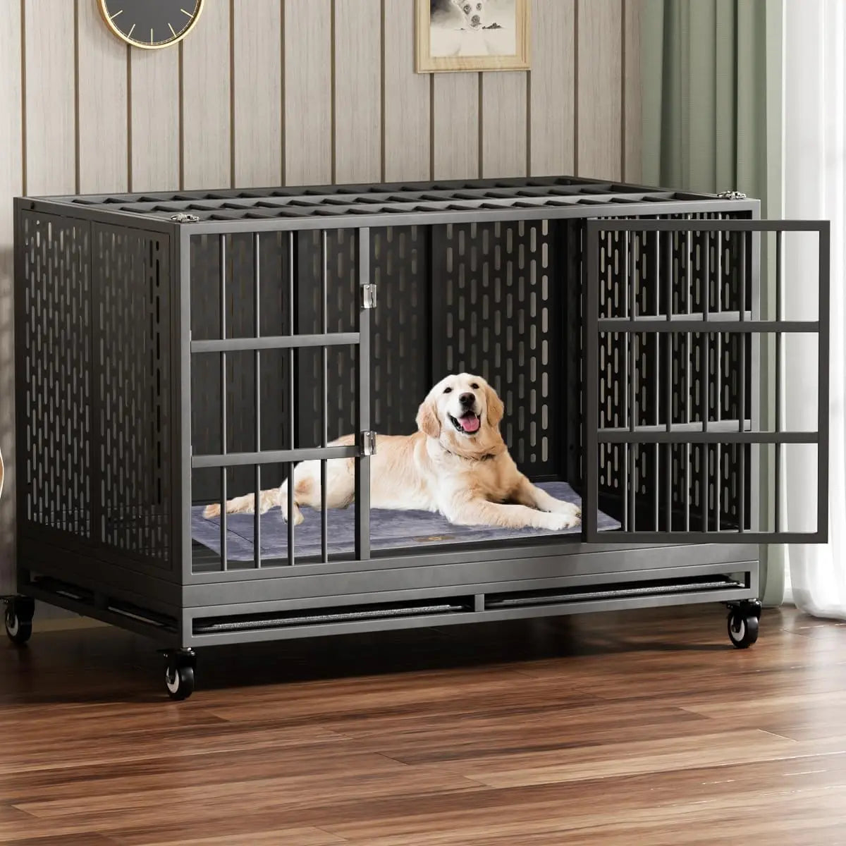 Foldable Heavy Duty Dog Crate with Wheels