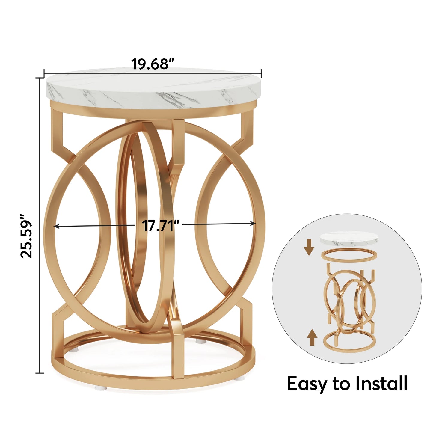 Modern O- Shaped Gold Metal Base Round End Table with Thick Wood Top