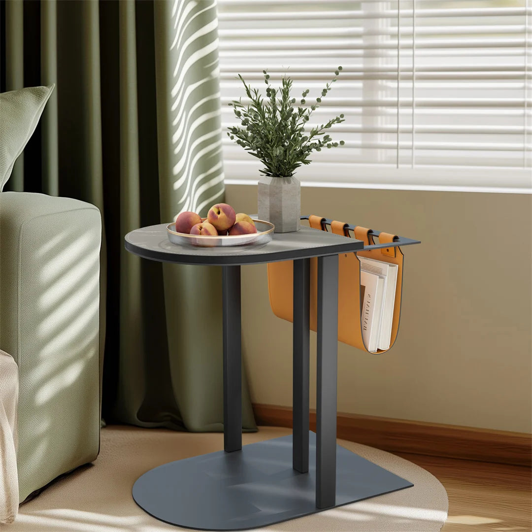 Accent Handmade Microfiber Saddle Leather Side Table with Integrated Magazine Rack