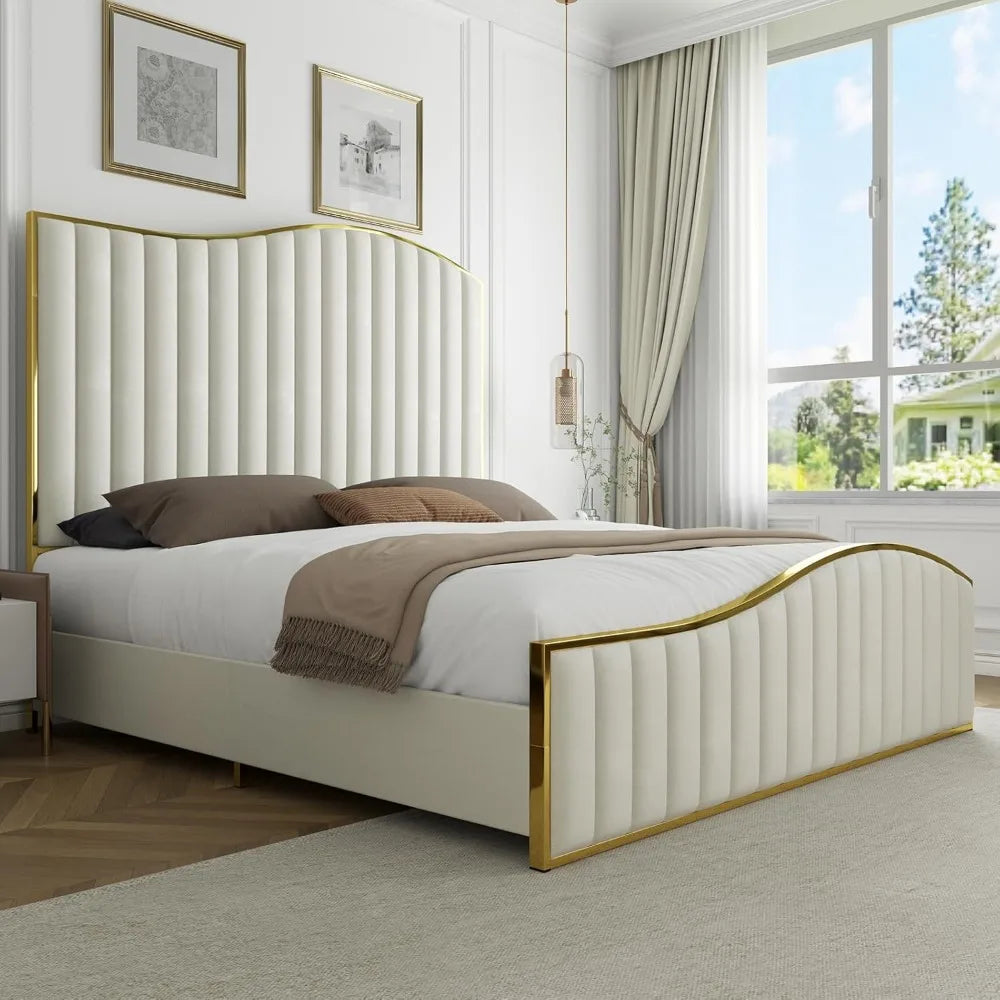 Velvet Gold Plated Metal Trim Upholstered Bed