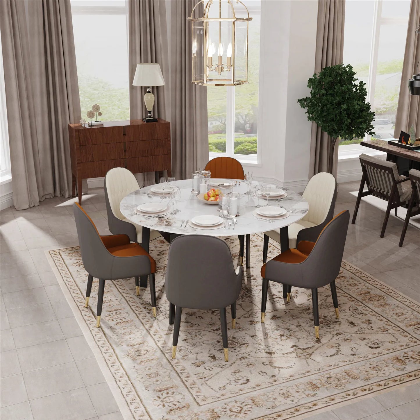 Contemporary Sintered Stone-Top Round Extendable Dining Table
