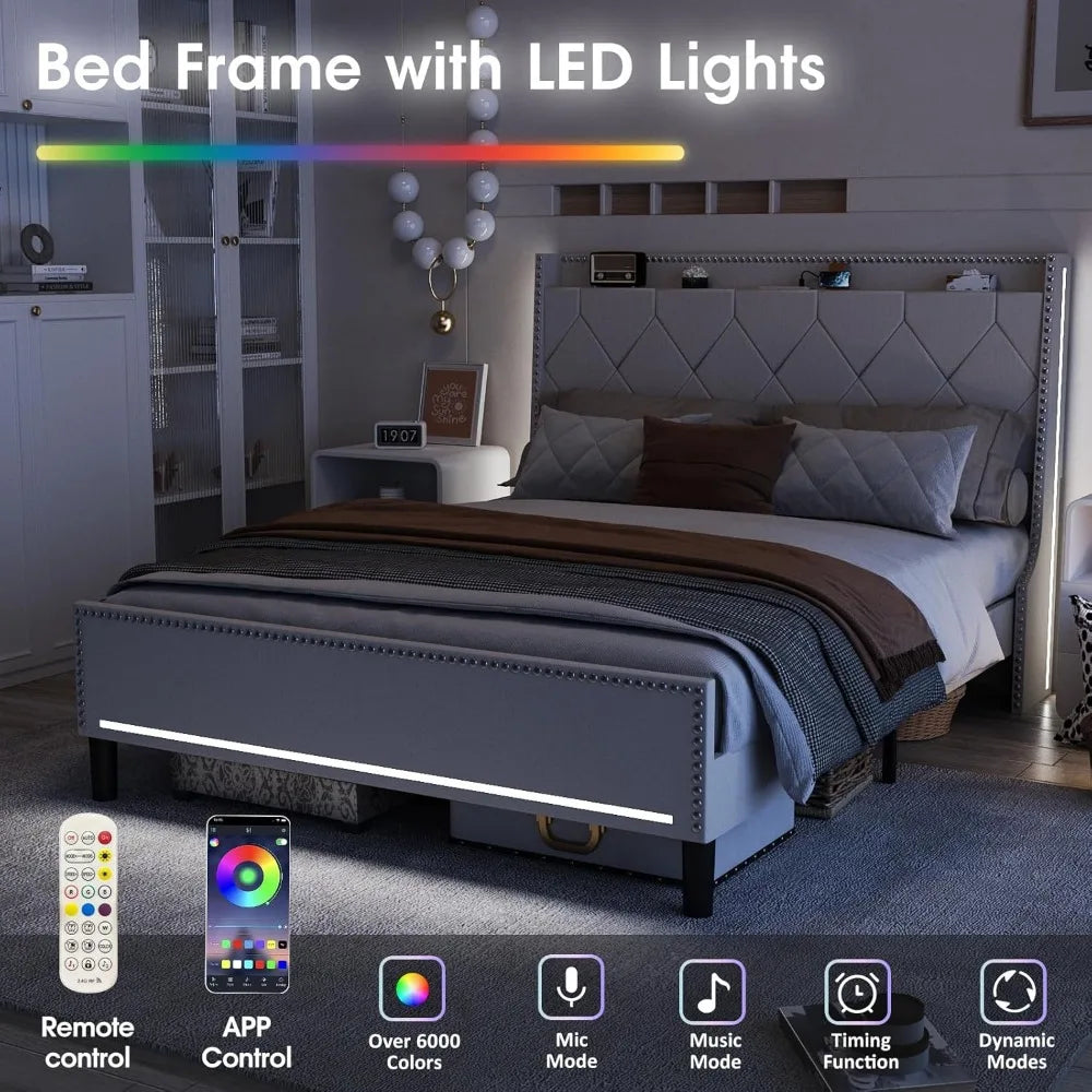 Upholstered Fabric Platform Bed with RGB Lights
