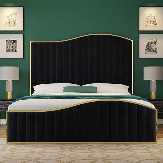 Velvet Gold Plated Metal Trim Upholstered Bed