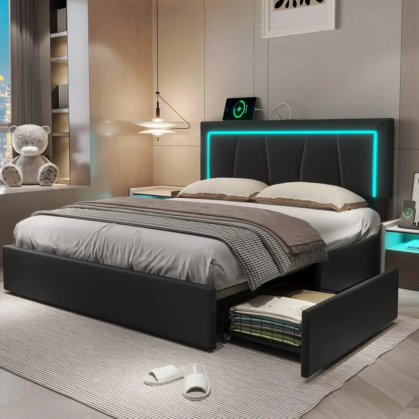 Modern LED Leather Upholstered Bed Frame with Drawers and Charging Station