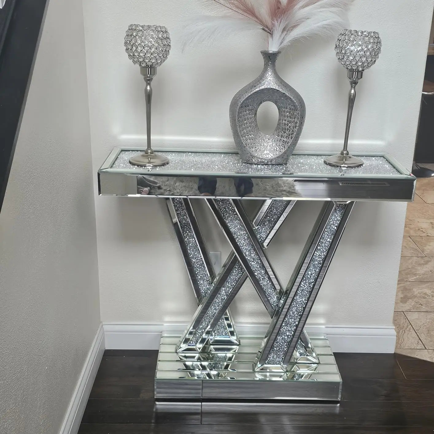 Sparkling Crystal Inlays Glam Styled W, Mirrored Console Table