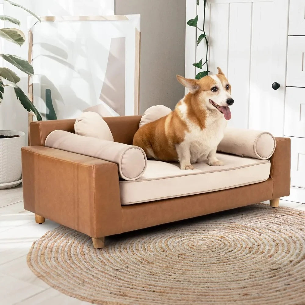 Luxury Faux Leather Dog Sofa Bed with Washable Cover Cushion and Pillow