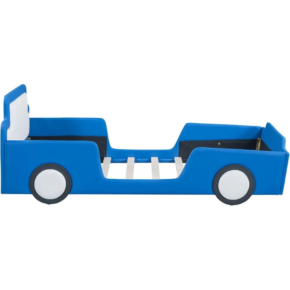 Leather Car-Shaped Platform Twin Bed with Wheels
