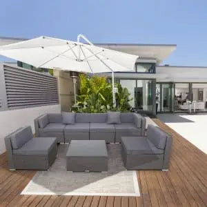 Rattan Wicker Modular Patio Sofa Set with Coffee Table and Throw Pillows