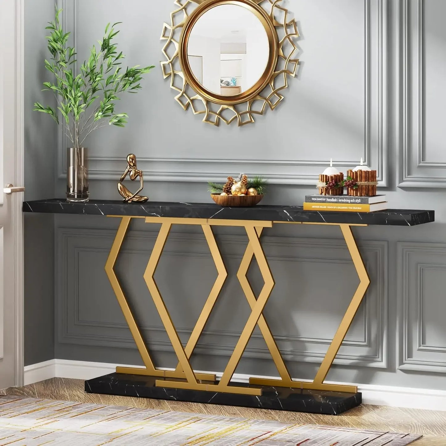 Modern Faux Marble Console Table with Metal Frame