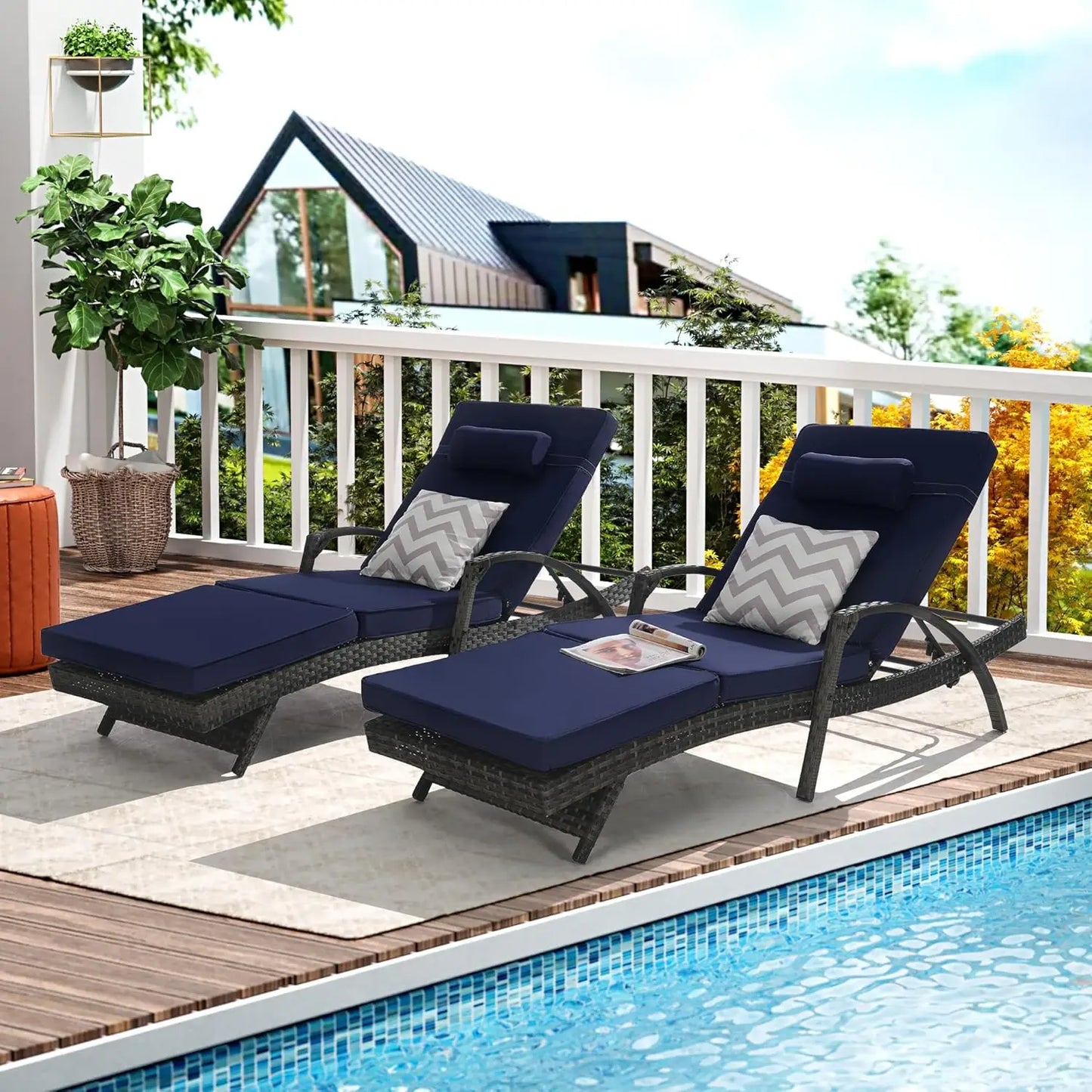 Rattan Chaise Lounge Chair with Adjustable Backrest and Cushions