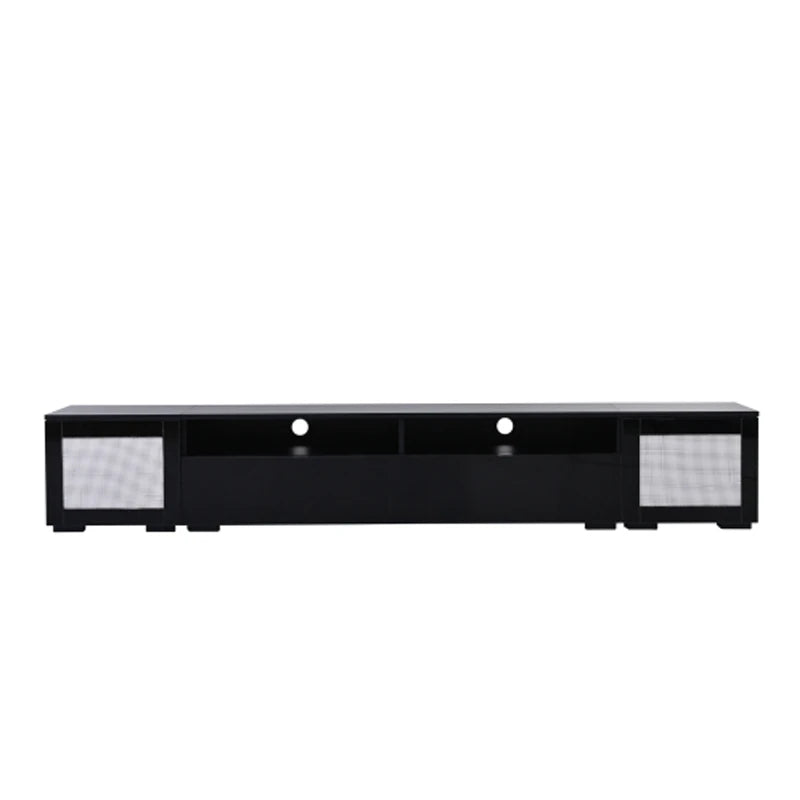 Rattan Style Entertainment Center with Push-to-Open Doors and Extended TV Console Table