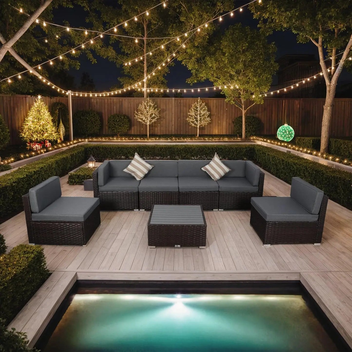 Rattan Wicker Modular Patio Sofa Set with Coffee Table and Throw Pillows
