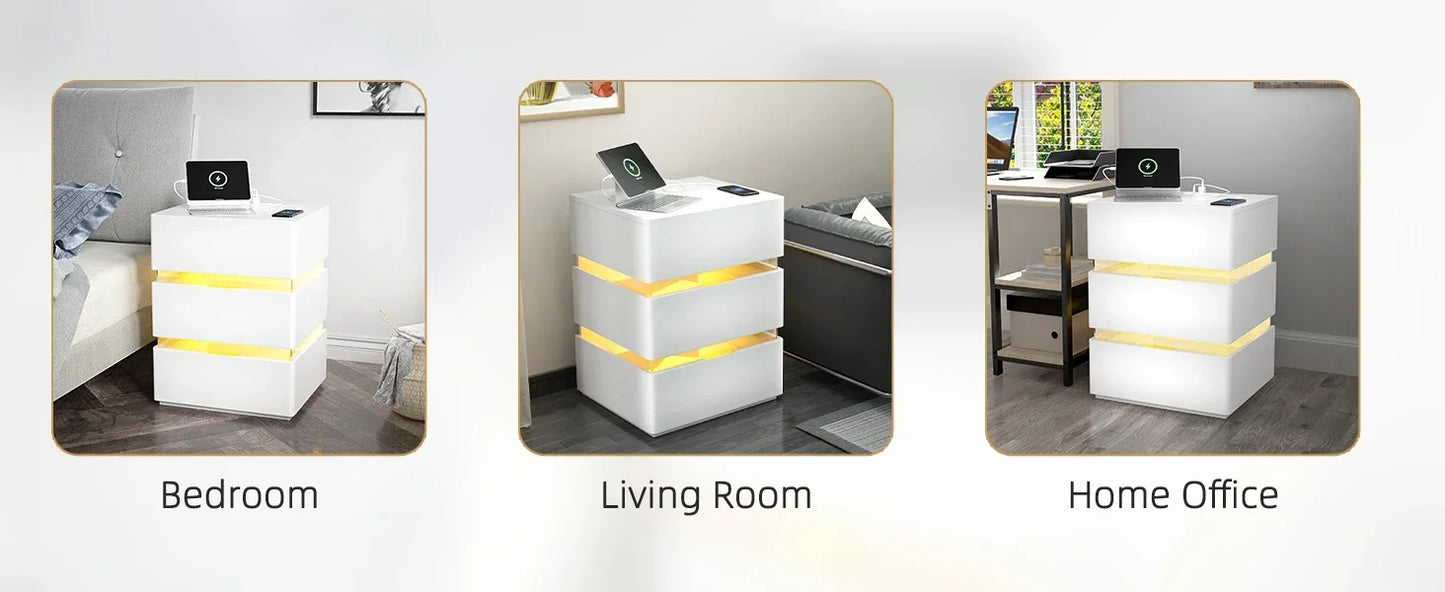 Acrylic Wood Nightstand with Charging Station and Drawer Set