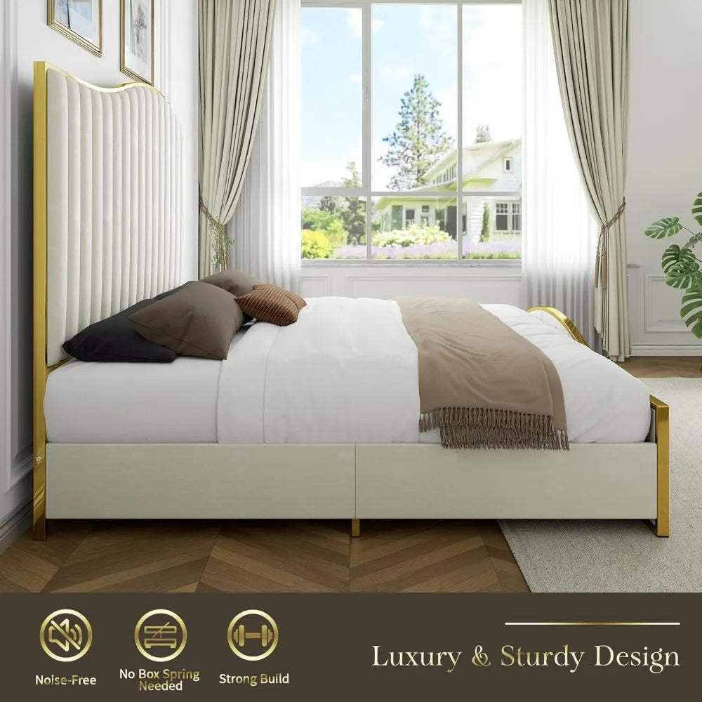 Velvet Gold Plated Metal Trim Upholstered Bed