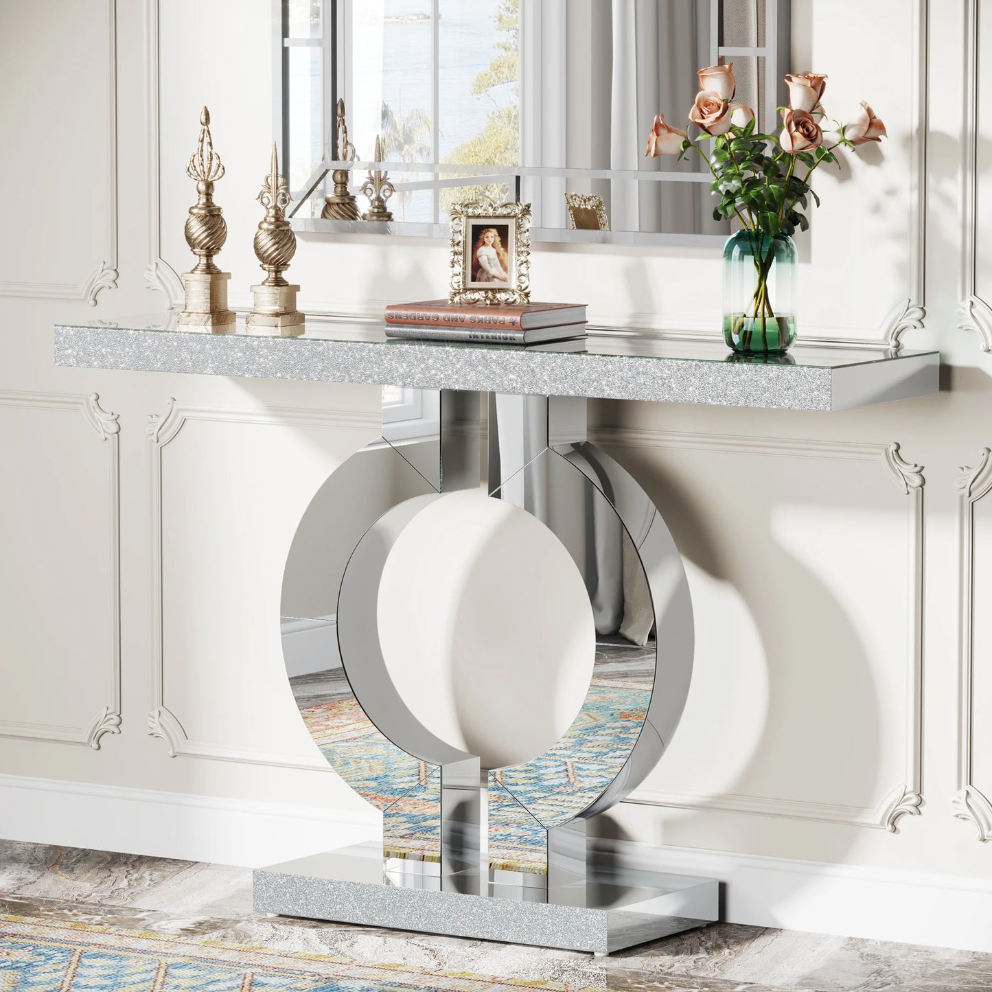 Modern Mirrored Console Table with O-Shaped Base