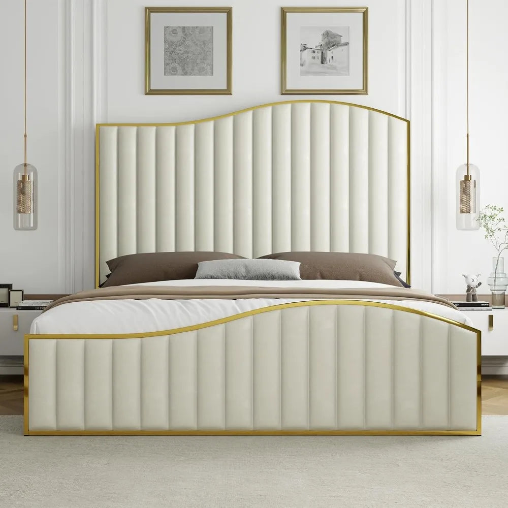 Velvet Gold Plated Metal Trim Upholstered Bed
