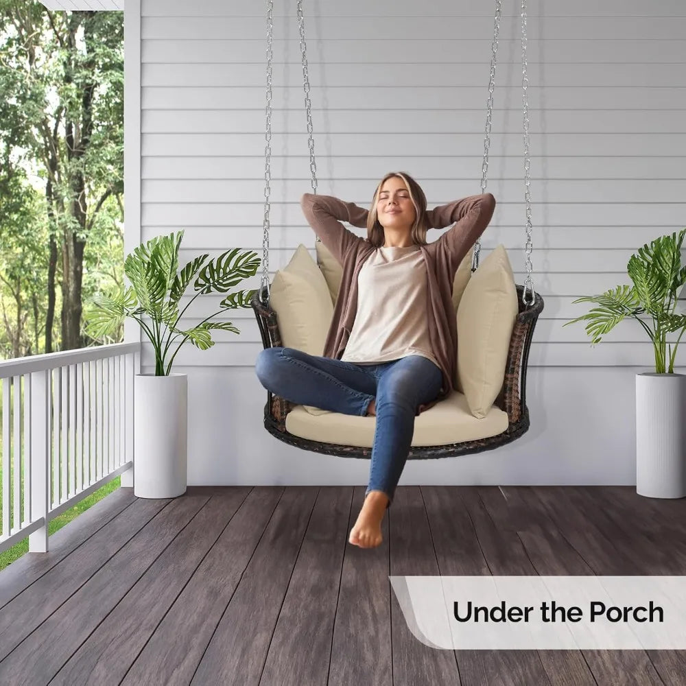 Round Rattan Porch Swing with Cushions