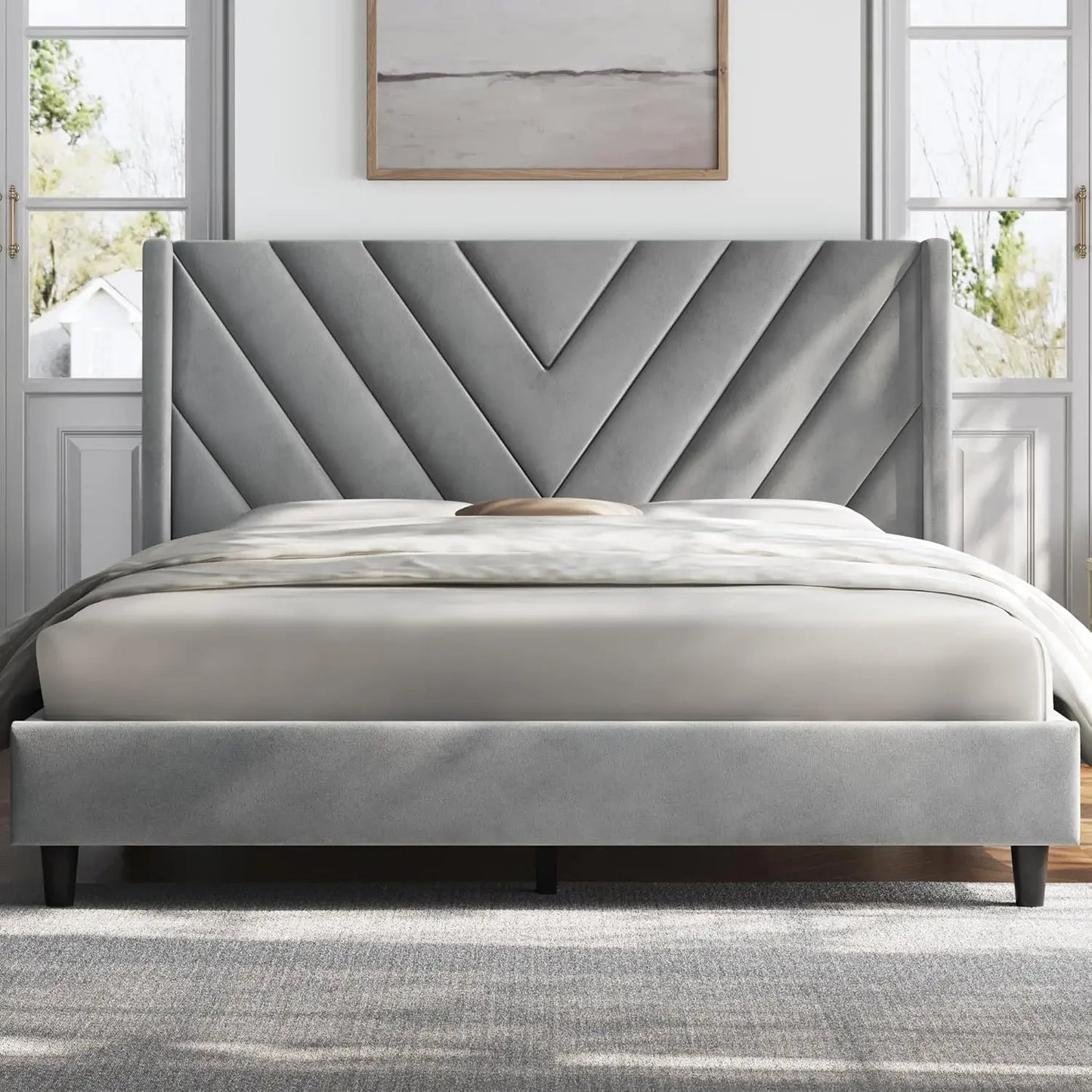 Velvet Upholstered Platform Bed with Wing Side Tufted Headboard