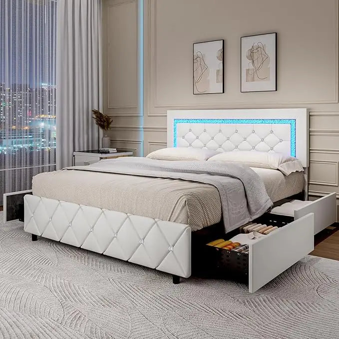 LED Princess Upholstered Leather Platform Bed with Drawers
