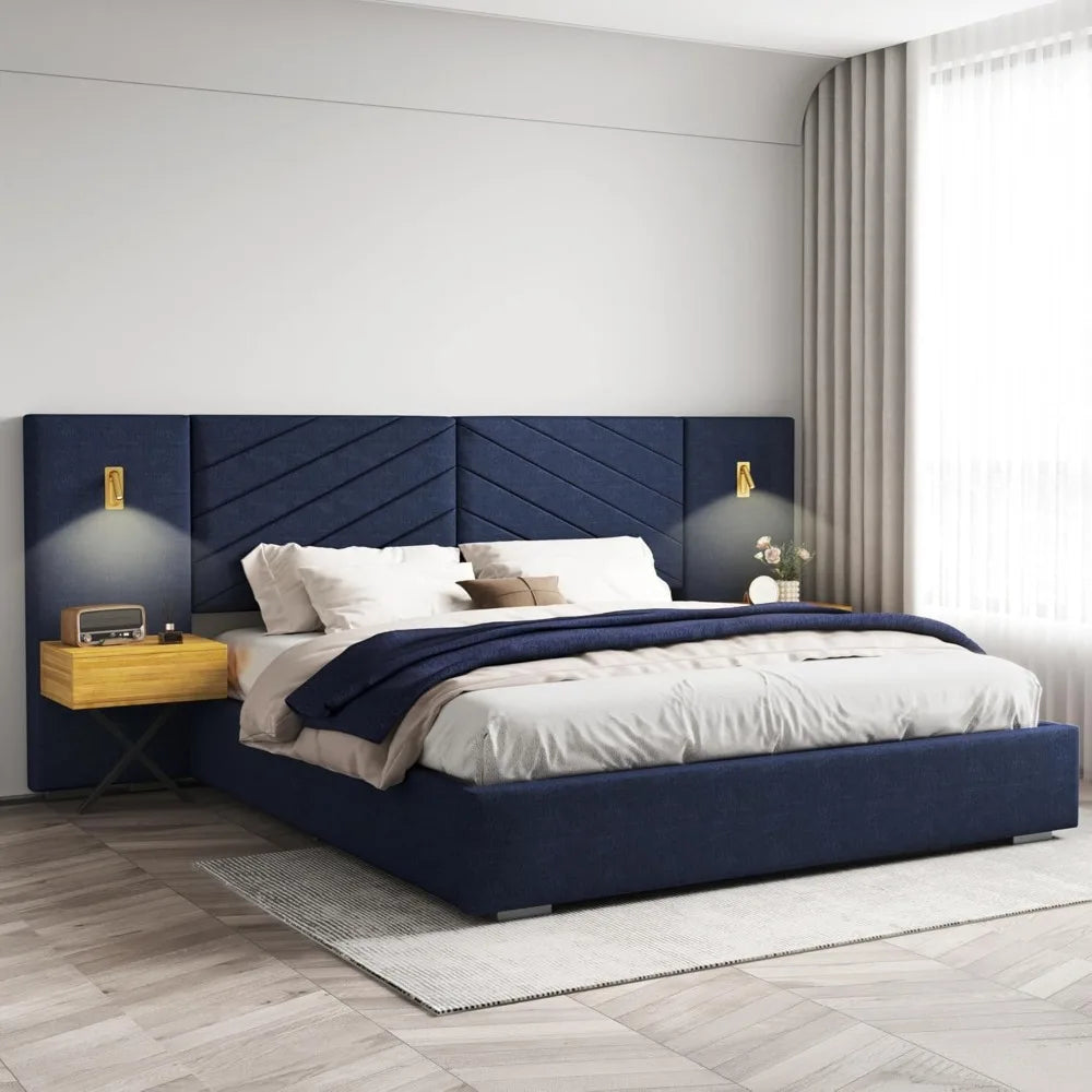 Luxury Contemporary Geometric Tufted Design Platform Bed with Stands and Lights, Full Set