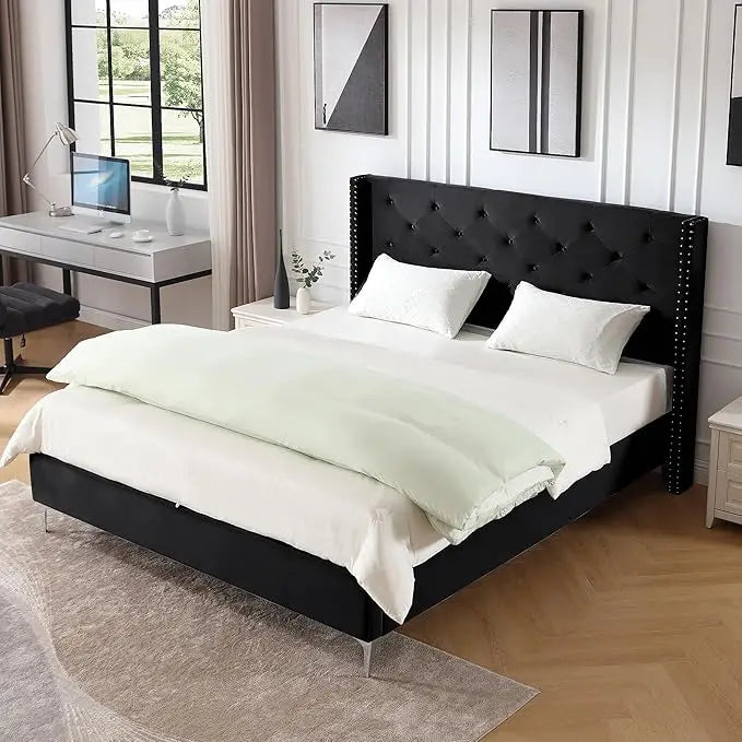 Contemporary Velvet Upholstered Bed Frame