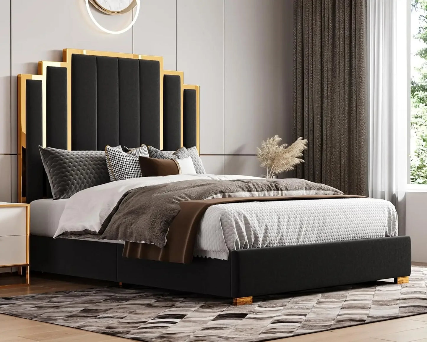 Modern Vertical Channels Golden Metal Plating Trim Upholstered Bed
