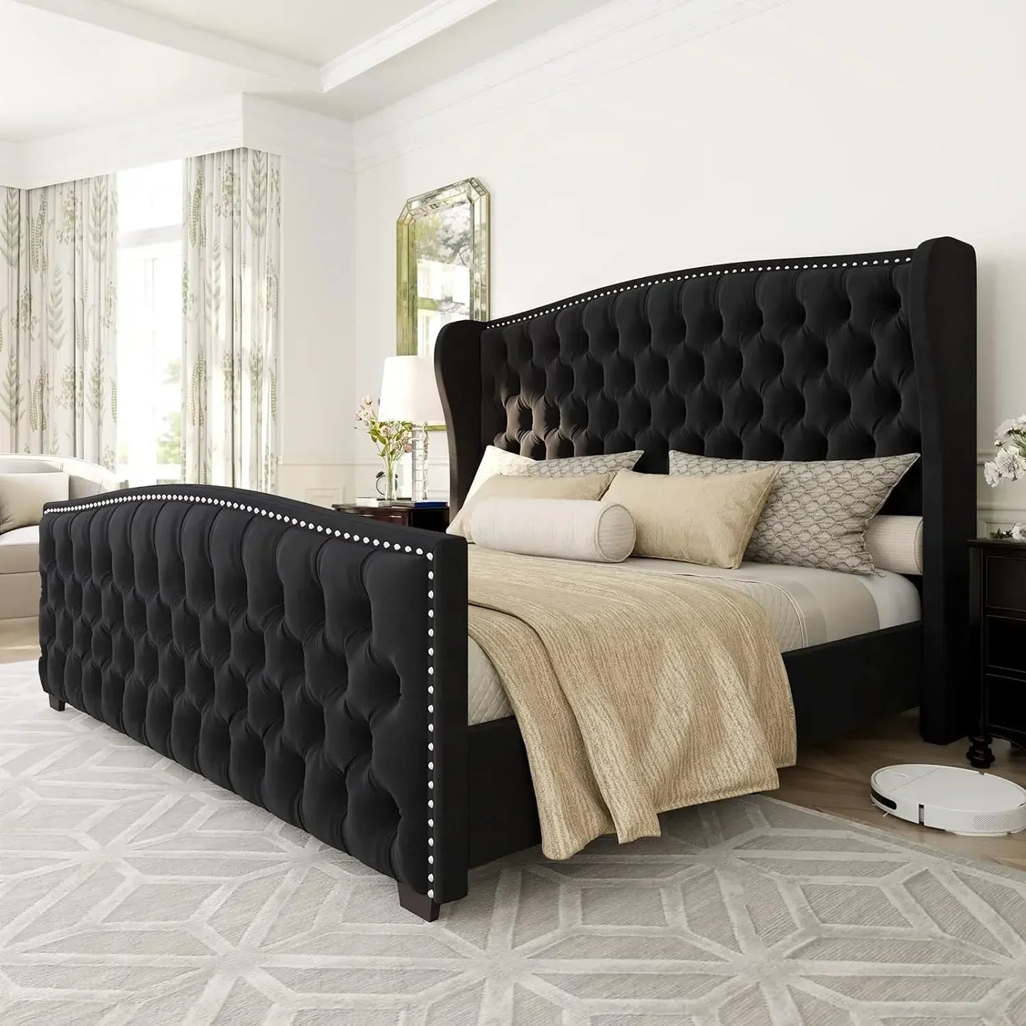 Velvet Upholstered Bed with Deep Button Tufted