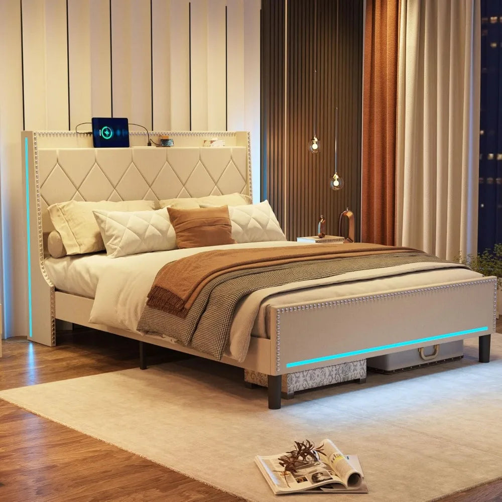 Upholstered Fabric Platform Bed with RGB Lights