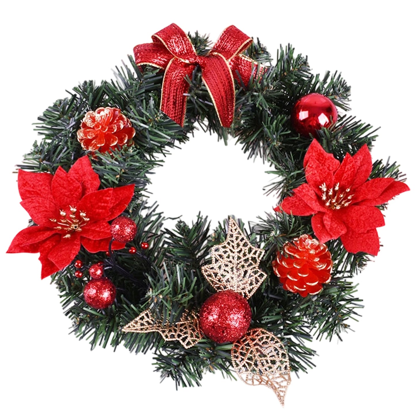 Red Bow, Poinsettia Pine Cone Festive Holiday Wreath