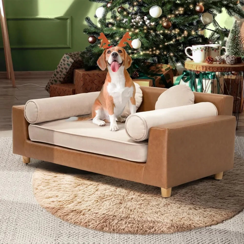 Luxury Faux Leather Dog Sofa Bed with Washable Cover Cushion and Pillow