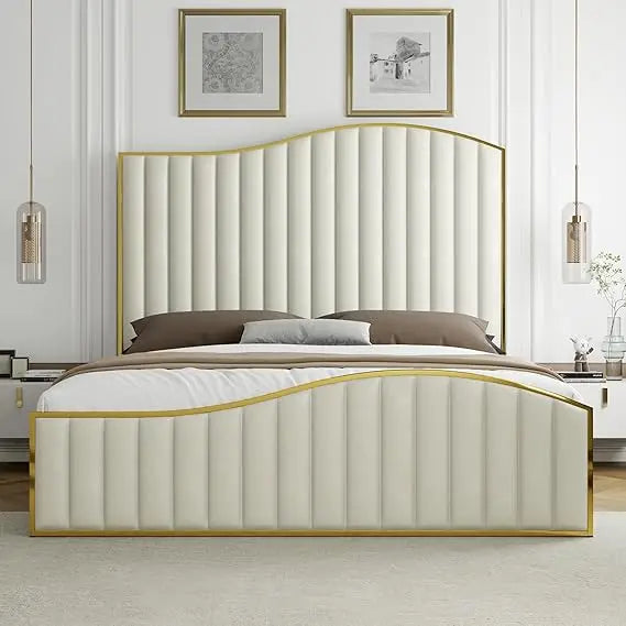 Velvet Gold Plated Metal Trim Upholstered Bed