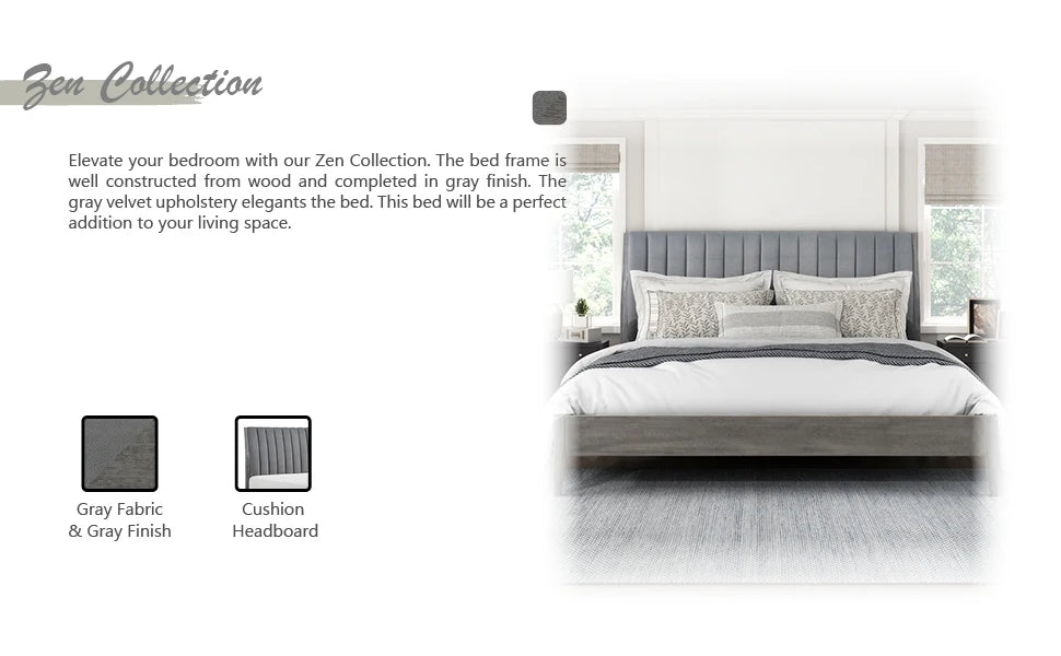 Modern Velvet Vertical Channel Tufted Headboard Platform Wood Bed