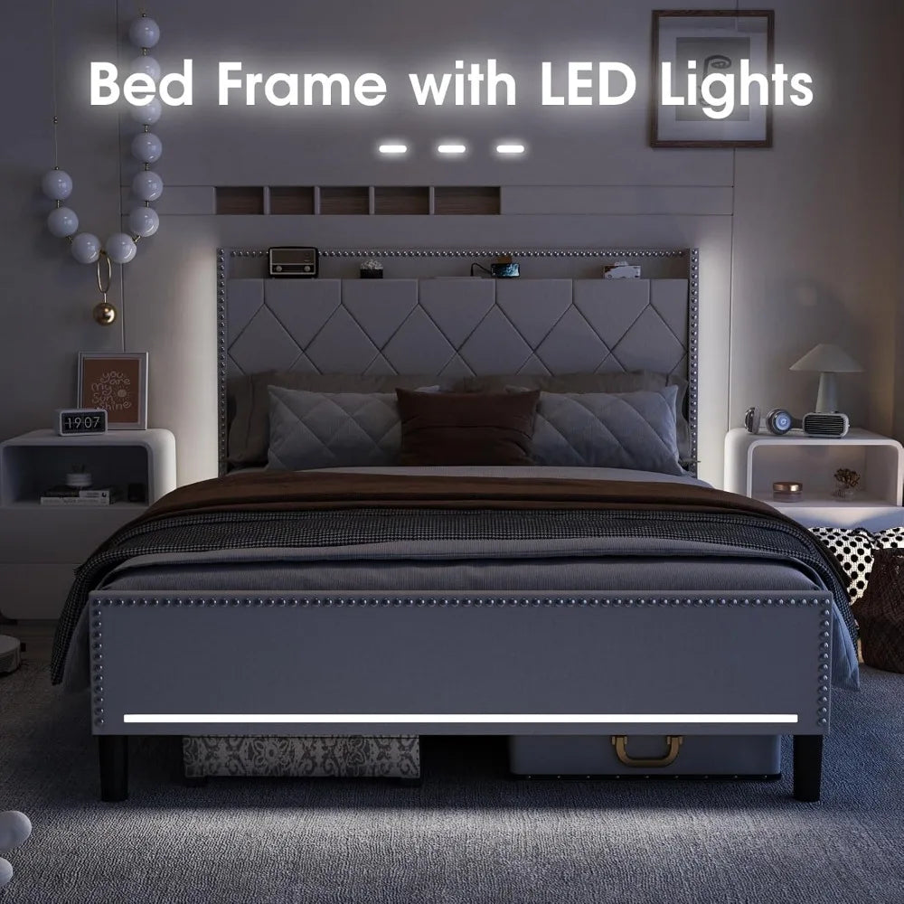 Upholstered Fabric Platform Bed with RGB Lights