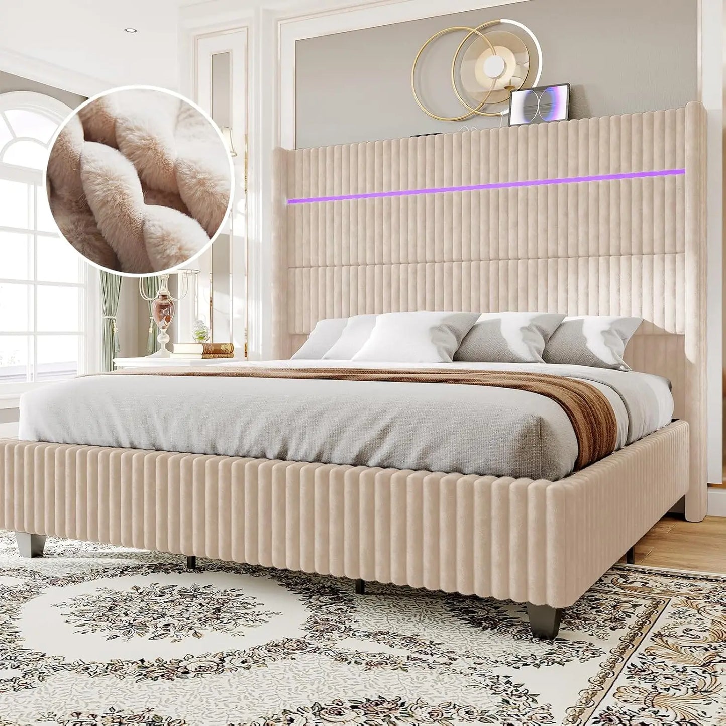 Corduroy Upholstered Platform Bed Frame with Charging Station