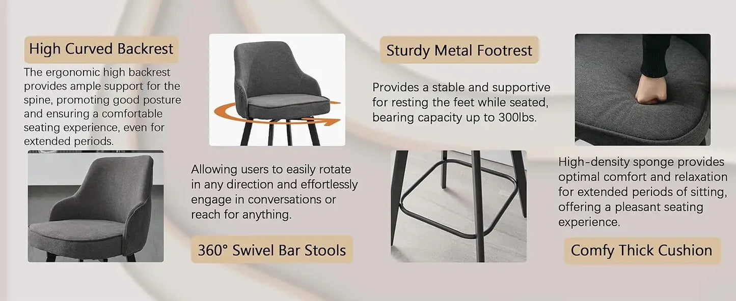 Mid-Century Modern Linen/Leather Swivel Bar Stools Set