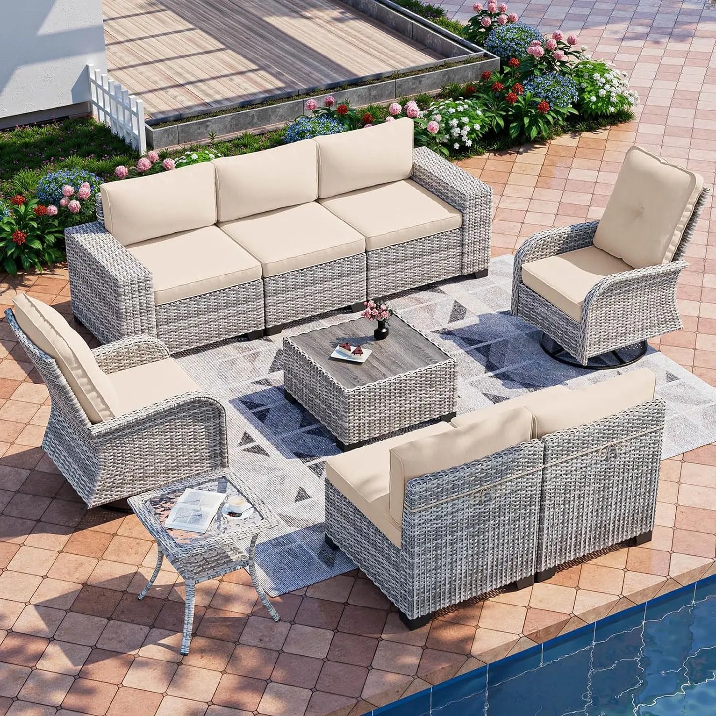 Outdoor Patio Furniture Set with Rocking Swivel Chair, Cushions and Coffee Table