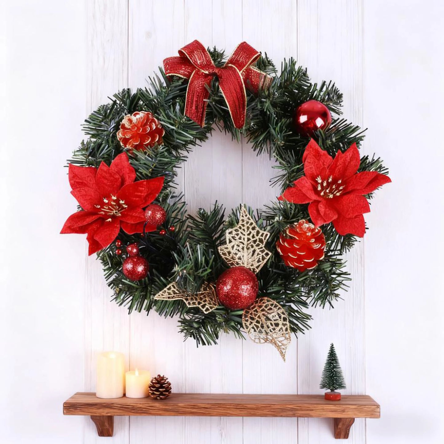 Red Bow, Poinsettia Pine Cone Festive Holiday Wreath