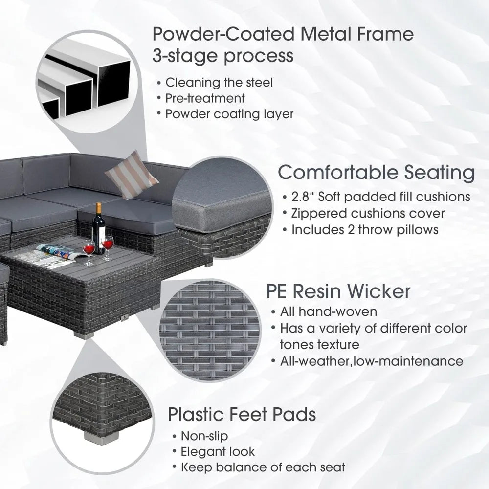 Rattan Wicker Modular Patio Sofa Set with Coffee Table and Throw Pillows