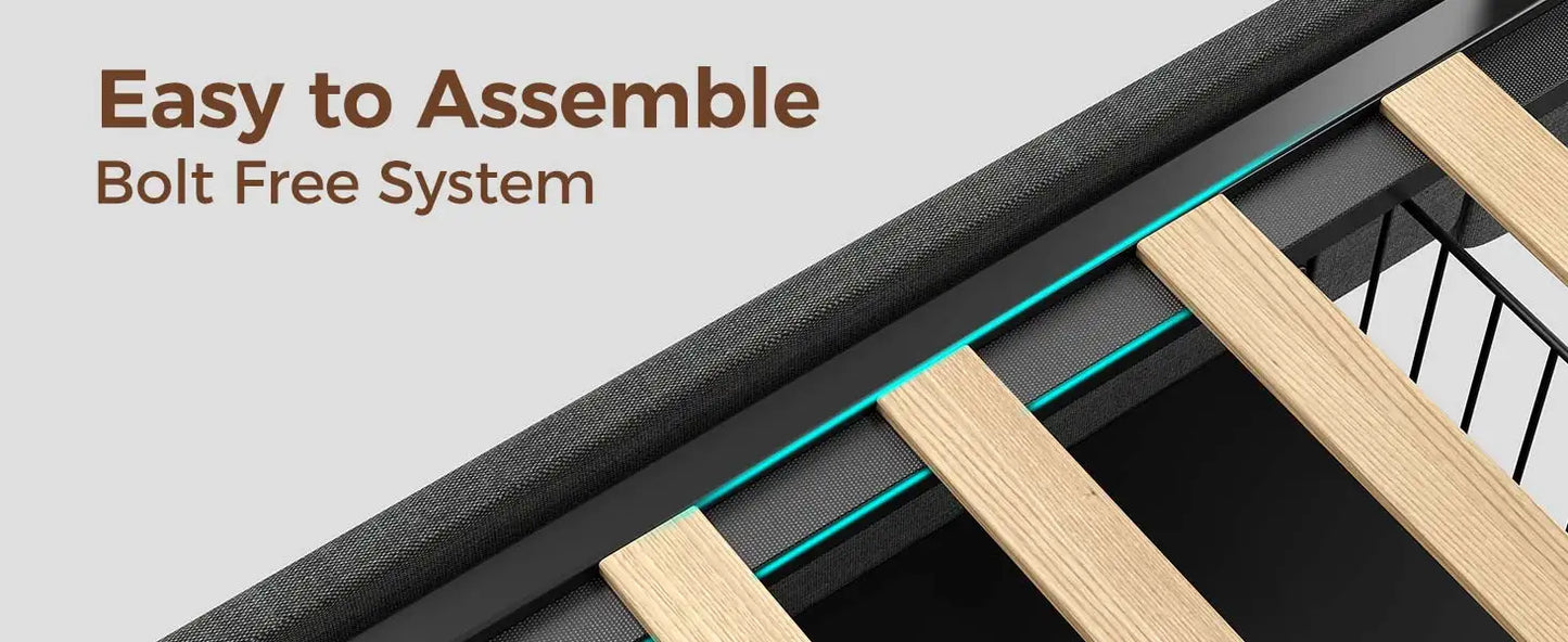 Upholstered Fabric Linen LED Bed with Storage Headboard, Charging Station and Drawers