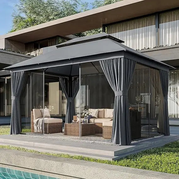 Outdoor Gazebo Metal Frame Canopy with Double Roofs
