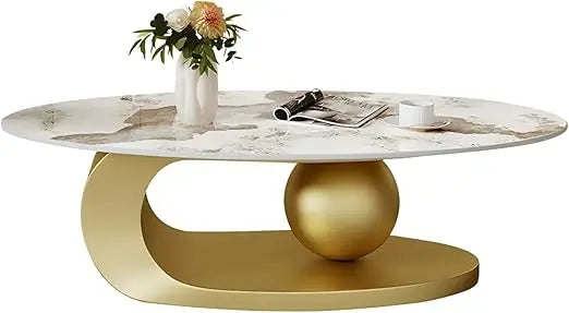 Modern Round Stone Coffee Table with Abstract Orb Metal Base