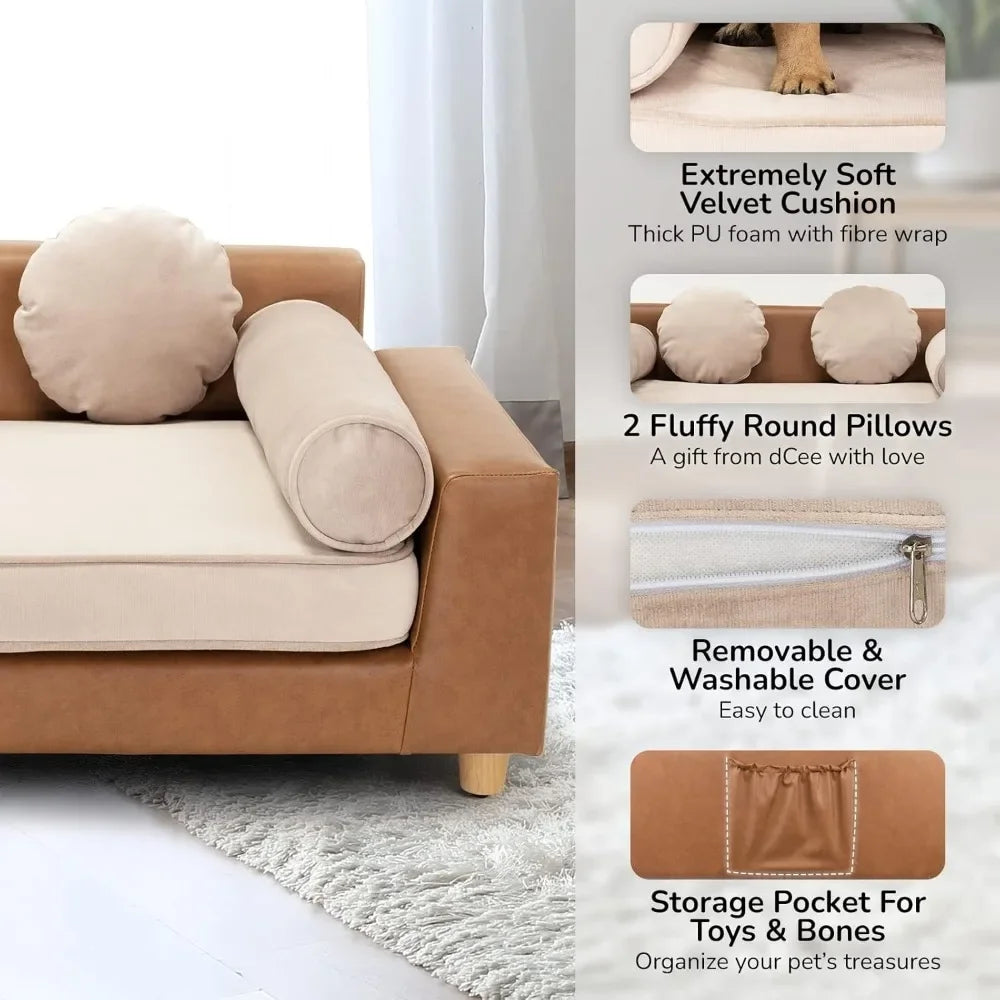 Luxury Faux Leather Dog Sofa Bed with Washable Cover Cushion and Pillow