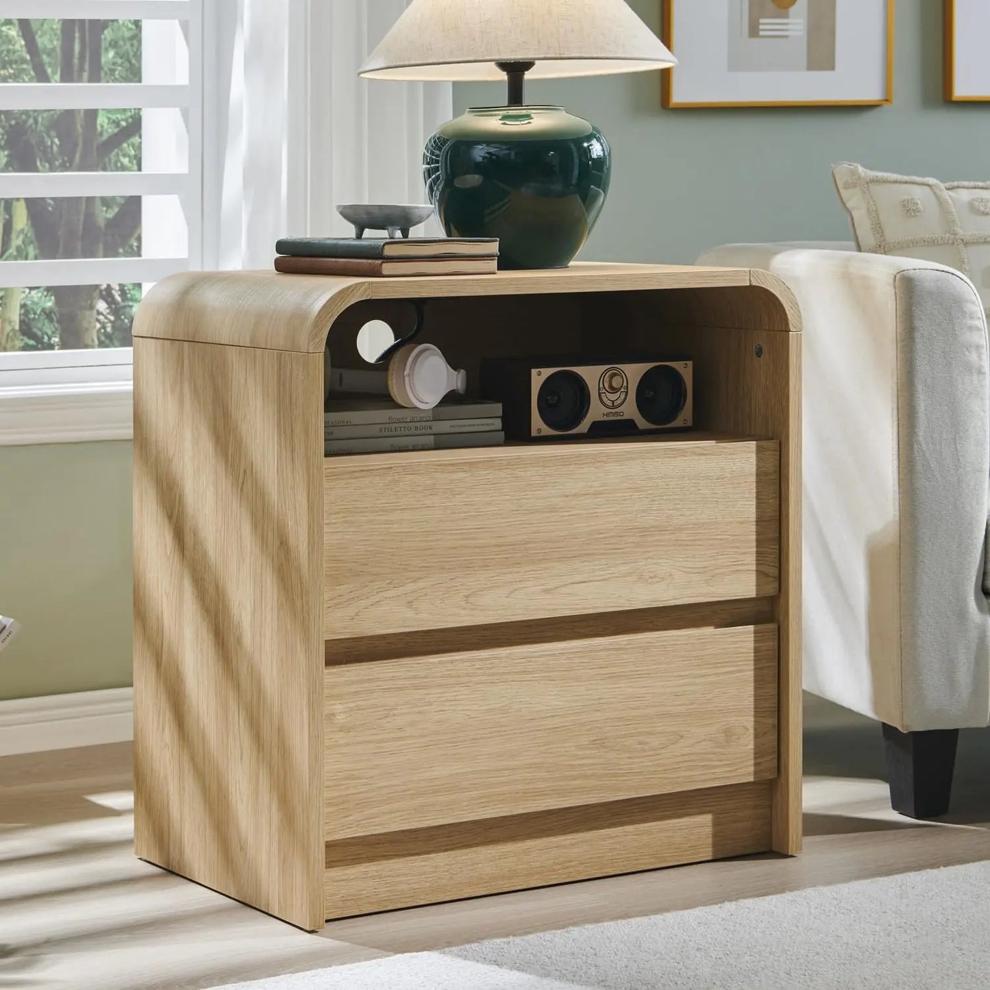 Modern Bentwood Nightstand with Charging Station and Drawers