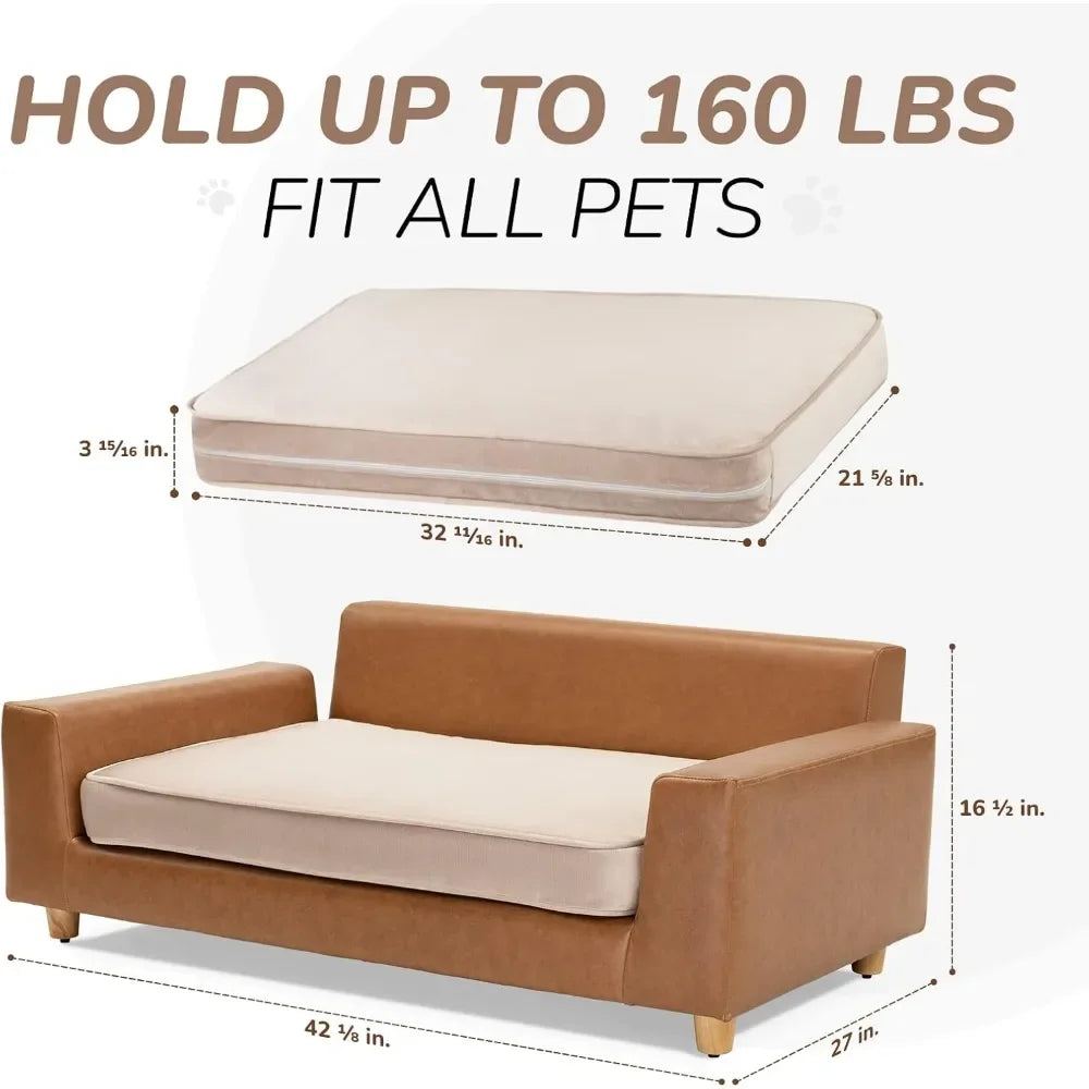 Luxury Faux Leather Dog Sofa Bed with Washable Cover Cushion and Pillow