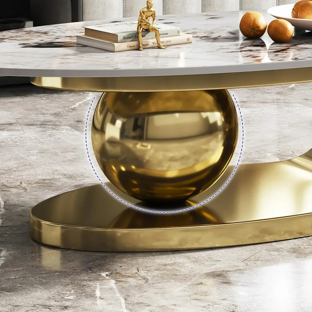 Modern Oval Stone Coffee Table with Abstract Orb Gold Metal Base