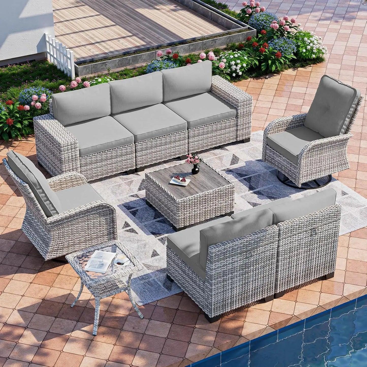 Outdoor Patio Furniture Set with Rocking Swivel Chair, Cushions and Coffee Table