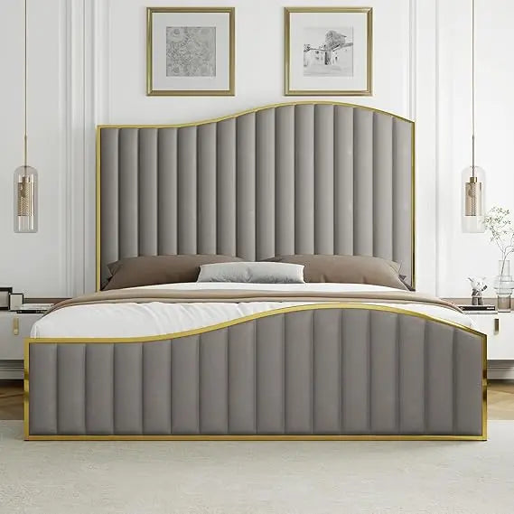 Velvet Gold Plated Metal Trim Upholstered Bed