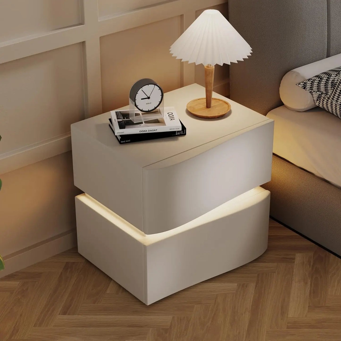 Sleek and Classic LED Engineered Wood with Leather Top Nightstand